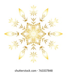 Golden stencil snowflake for winter celebration decoration Christmas and New Year greeting card, wedding invitation background. Laser cut template design Gold gradient texture. Zentangle mandala style