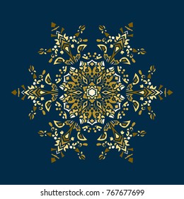 Golden stencil snowflake for winter celebration decoration Christmas and New Year greeting card, wedding invitation background. Laser cut template design Gold colored texture. Zentangle mandala style