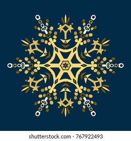 Golden stencil snowflake for winter celebration decoration Christmas and New Year greeting card, wedding invitation background. Laser cut template design Gold colored texture. Zentangle mandala style