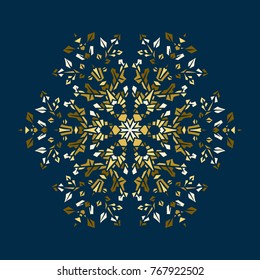 Golden stencil snowflake for winter celebration decoration Christmas and New Year greeting card, wedding invitation background. Laser cut template design Gold colored texture. Zentangle mandala style