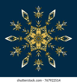 Golden stencil snowflake for winter celebration decoration Christmas and New Year greeting card, wedding invitation background. Laser cut template design Gold colored texture. Zentangle mandala style