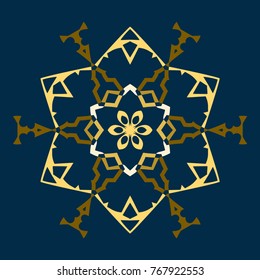 Golden stencil snowflake for winter celebration decoration Christmas and New Year greeting card, wedding invitation background. Laser cut template design Gold colored texture. Zentangle mandala style
