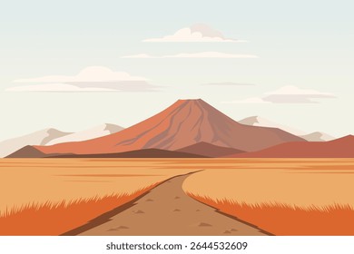 Golden steppe and mountain landscape vector illustration. Beautiful steppe fields with wheat, grass and road leading to the mountains. Summer steppe landscape.