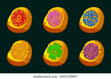 Golden stones with Maya or Aztec symbols. Golden symbols for your 2D game or slot games