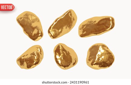 Golden stones nugget, rock minerals. Set of gold nuggets of different shapes of objects realistic 3d design. Design elements isolated on white background. Vector illustration