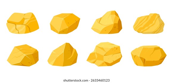 Golden stones. Shiny gold mine nuggets, yellow golden jewel gemstones flat vector illustration set. Cartoon golden treasure rocks