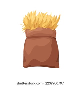 Golden straw, dry grass in bag. Gold wheat bunch in sack. Farm agriculture hay in pack. Yellow harvest, feed heap inside package. Flat vector illustration isolated on white background