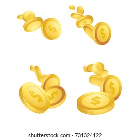 Golden stream - coins collection flying towards the viewpoint. million dollar lottery game Jackpot reward. Casino prize money. Isolated realistic 3D currency over white layout. Vector illustration