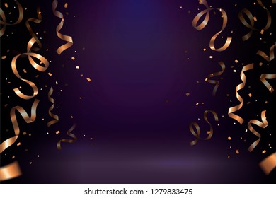 Golden streamer confetti on purple background for design uses