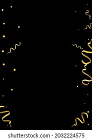 Golden Streamer Decoration Vector Black Background. Celebrate Confetti Illustration. Serpentine Falling Branch. Gold Paper Invitation.