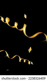 Golden Streamer Decoration Vector Black Background. Celebrate Serpentine Poster. Spiral Swirl Design. Yellow Fun Invitation.