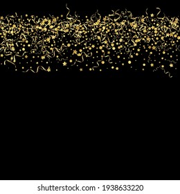 Golden Streamer Falling Vector Black Background. Celebrate Ribbon Poster. Serpentine Swirl Illustration. Gold Party Design.