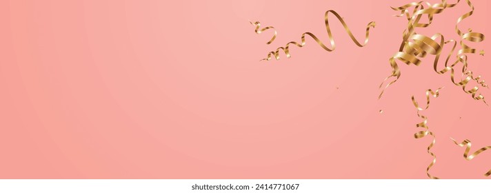 Golden Streamer Falling Vektor Panorama-rosa Hintergrund. Fun Spiral Template. Confetti-Feiertagszweig. Schönes festliches Poster.