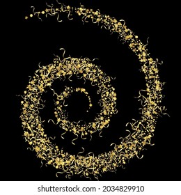 Golden Streamer Happy Vector Black Background. Flying Ribbon Poster. Star Decoration Plant. Yellow Carnival Illustration.
