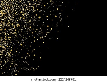 Golden Streamer Happy Vector Black Background. Paper Serpentine Template. Ribbon Festive Invitation. Gold Celebration Illustration.