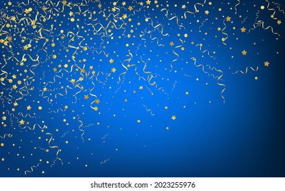 Golden Streamer Feliz Vector de fondo azul. Ilustración Espiral Brillante. Rama de caída de cinta. Diseño divertido amarillo.