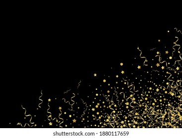 Golden Streamer einzeln auf Vektorschwarz Hintergrund. Feiern Sie Confetti-Vorlage. Multifunktionsspflanze. Goldkarneval-Zweig.