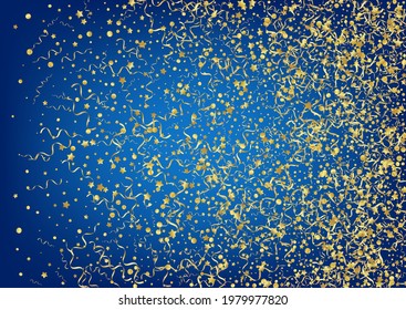 Golden Streamer Isolated Vector Blue Background. Paper Spiral Poster. Serpentine Falling Template. Yellow Decoration Branch.