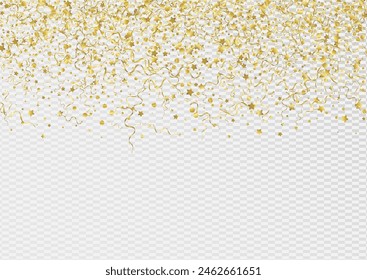 Golden Streamer Party Vector Transparent Background. Flying Star Illustration. Spiral Isolated Plant. Gold Celebrate Template.