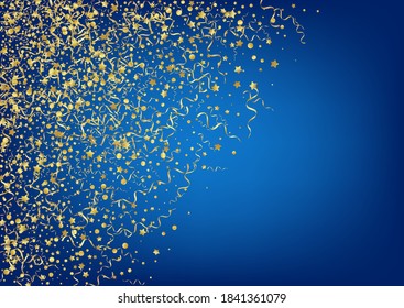 Fondo Azul del Vector Brillante Golden Streamer. Feliz Diseño Espiral. Star Celebrar plantilla. Rama del Carnaval Amarillo.