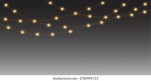 Cadena de luces doradas brillando sobre un fondo gris sutil degradado. Vector