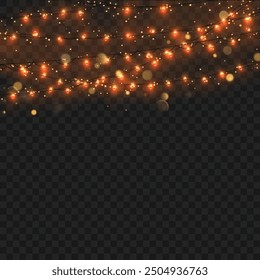Golden string lights hanging, glowing softly, against a transparent checkered background. Vector illustration