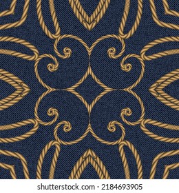 Golden Strings. Floral 3d Seamless Pattern. Textured Denim Jeans Background. Tapestry Repeat Vector Backdrop.  Swirl Lines Flowers, Ropes. Embroidery Ornament On Blue Jeans Material. Endless Texture.