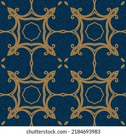 Golden Strings. Floral 3d Seamless Pattern. Textured Denim Jeans Background. Tapestry Repeat Vector Backdrop.  Swirl Lines Flowers, Ropes. Embroidery Ornament On Blue Jeans Material. Endless Texture.