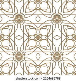 Golden strings floral seamless pattern on white background. Beautiful lacy ornaments with braided ropes, strings, flowers, knots, loops. Repeat decorative isolated design. Ornate vector backdrop.