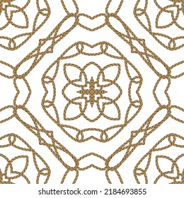 Golden strings floral seamless pattern on white background. Intricate lacy ornaments with braided ropes, strings, knots, loops. Repeat decorative hand drawn isolated design. Ornate vector backdrop.