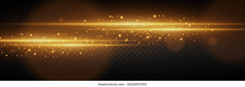 Golden strip of light with sparkles and highlights. On a transparent background