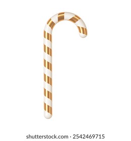 Golden striped candy cane isolated on white background. 3d render Christmas decorations. Vector illustration. Design elements.