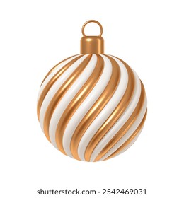 Golden striped Christmas ball isolated on white background. 3d render Christmas decorations. Vector illustration. Design elements.