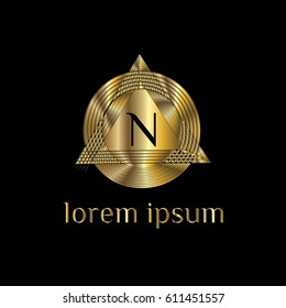 Golden striped geometric vector logo letter N