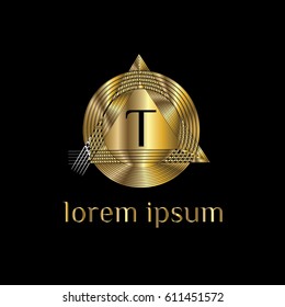 Golden striped geometric vector logo letter T