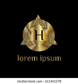Golden striped geometric vector logo letter H