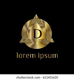 Golden striped geometric vector logo letter D