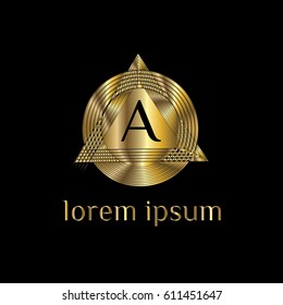 Golden striped geometric vector logo letter A