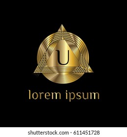 Golden striped geometric vector logo letter U