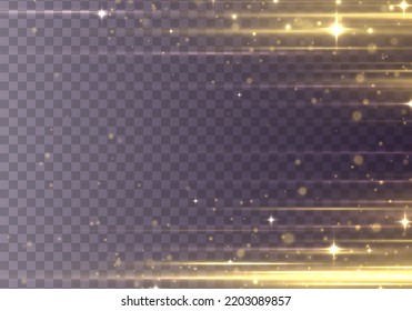 Golden stripes or light flash. Lights and stripes moving fast. Set of gold lines, laser beams, bright beams with glitter and sparkles. Yellow luminous abstract sparkling lined. Vector illustration.