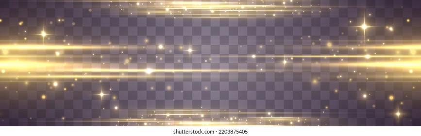 Golden stripes or light flash. Lights and stripes moving fast. Set of gold lines, laser beams, bright beams with glitter and sparkles. Yellow luminous abstract sparkling lined. Vector illustration.