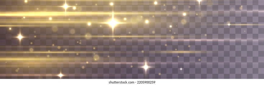 Rayas doradas o destellos de luz. Luces y rayas se mueven rápidamente. Conjunto de líneas doradas, vigas láser, vigas brillantes con brillo y destellos. Luminoso amarillo resplandeciente abstracto. Ilustración vectorial.
