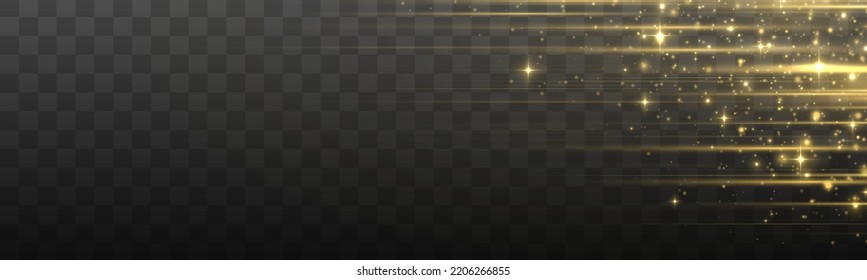 Golden stripes or light flash. Lights and stripes moving fast. Set of gold lines, laser beams, bright beams with glitter and sparkles. Yellow luminous abstract sparkling lined. Vector illustration.