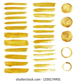 Golden stripes patch hand painted isolate on white background. Set of  watercolor golden stroke brush and circle hand paint. Vector illustration. 