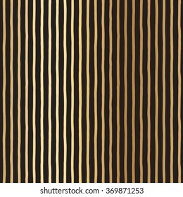 Golden stripes seamless vector pattern. Abstract striped background. Glittering gold streaks texture. Black uneven bars on golden gradient background.