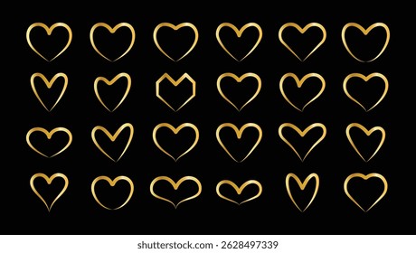 Golden stroke heart set for health, favorite,  luxury, greeting card and decorative element use. Outline heart line icon set in golden color for decoration. Heart collection. Vector Art