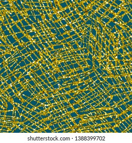 Golden strokes, lines and scribbles on a dark green background. Vector grunge textures.