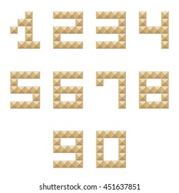 Golden studded 0-9 numbers set, collection isolated on white background.