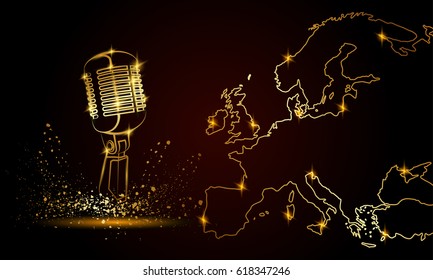 Golden Studio Microphone On A Dark Background With A Map Of Europe. Music Festival Background For Flyer, Banner, Billboard.