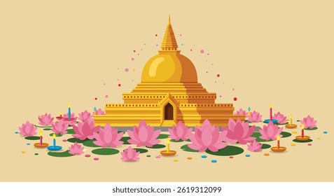 A golden stupa surrounded by blooming pink lotus flowers. Flat design vector illustration